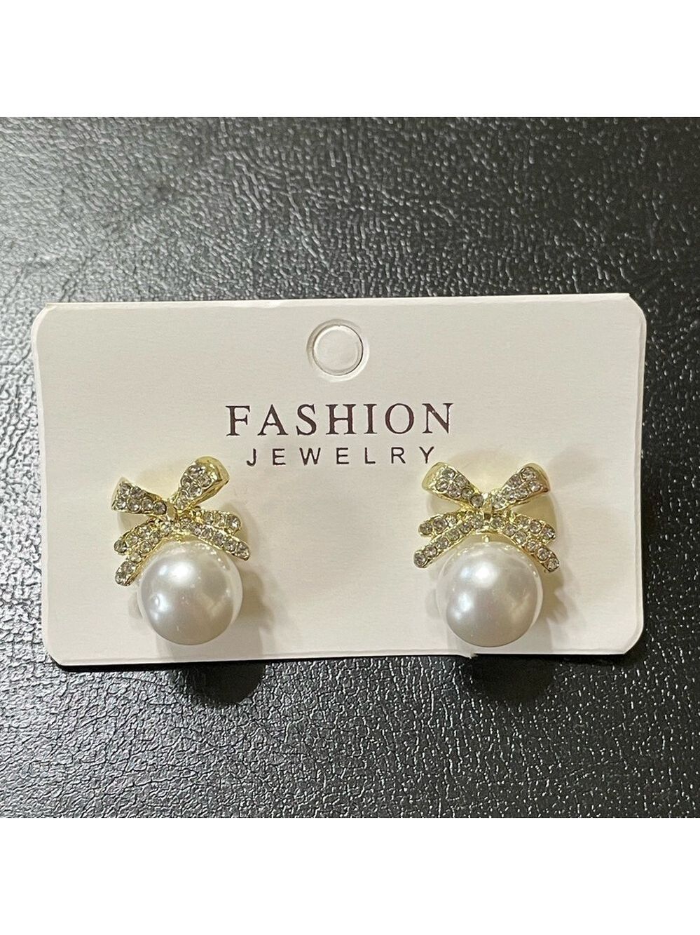 Earrings Faux Pearl Rhinestone Encrusted Bow Gold Tone Dangle New